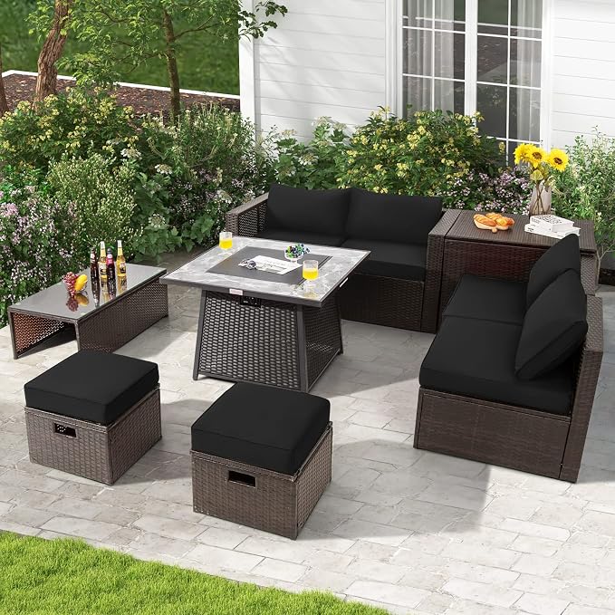 Tangkula 9 Pieces Outdoor Patio Furniture Set with 35-Inch Propane Fire Pit Table, Outdoor PE Wicker Sectional Sofa Set with Storage Box and Cushions, 50,000 BTU Gas Fire Pit Table (Black)