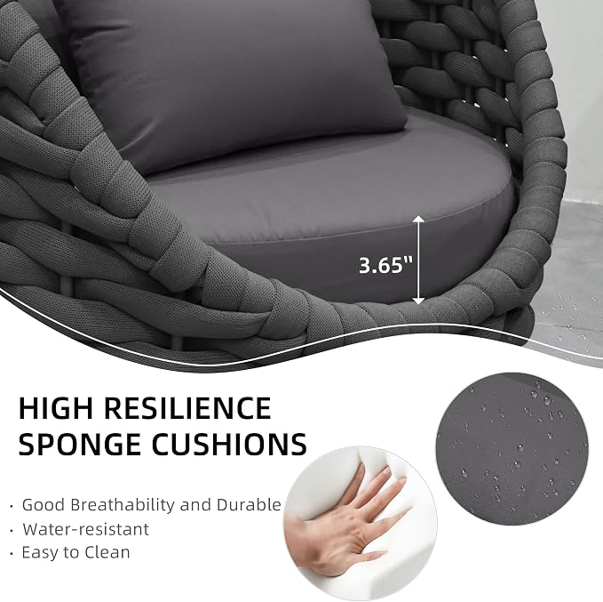 TWT Aluminum Modern Patio Set Three Seater Sofa Outdoor Furniture Set w/Coffee Table,Patio Conversation Set with Hand Woven Teslin Rope for Bedroom Backyard Poolside, Dark Grey