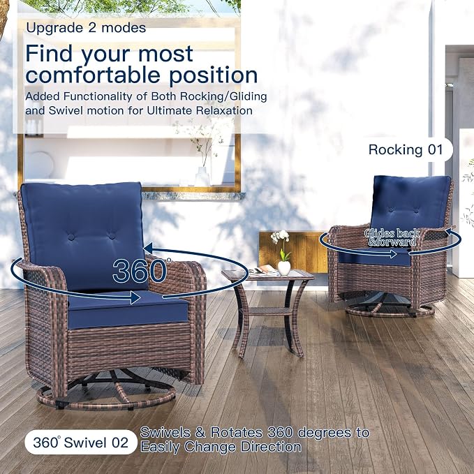 Kullavik 10PCS Outdoor Patio Furniture Set,PE Wicker Rattan Sectional Sofa Patio Conversation Sets with 43" 55000BTU Gas Propane Fire Pit Table,Swivel Rocking Chairs Set,Navy Blue