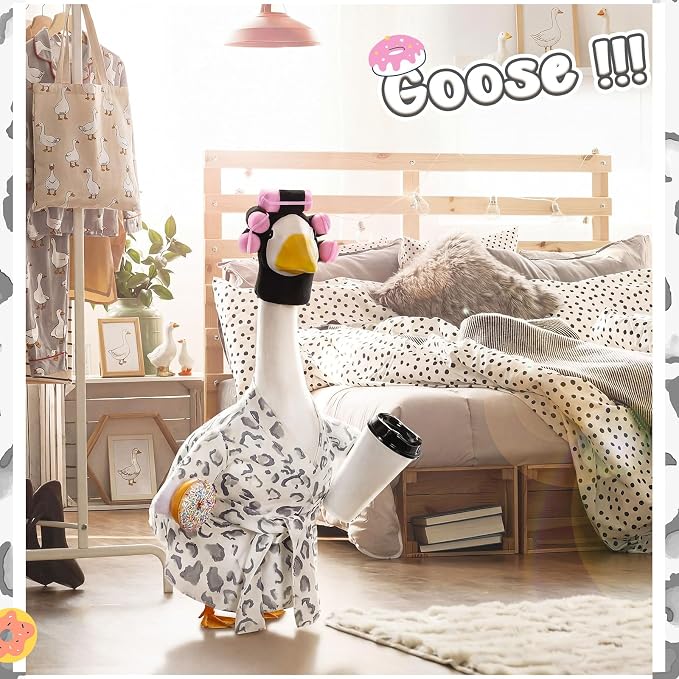 Shyyween Lady Porch Goose Outfit for 23'' Cement Plastic Lawn Goose Statue Clothes Silver Leopard Bathrobe Coffee Cup Curlers for Outdoor Garden Yard Patio Decoration