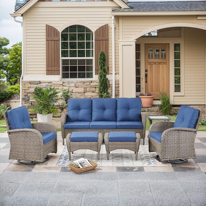 HUMMUH 6 Pieces Outdoor Patio Furniture-PE Rattan Wicker Sofa with Patio Swivel Rocking Chairs Patio Furniture for Deck Lawn Porch Balcony Poolside-Grey/Blue