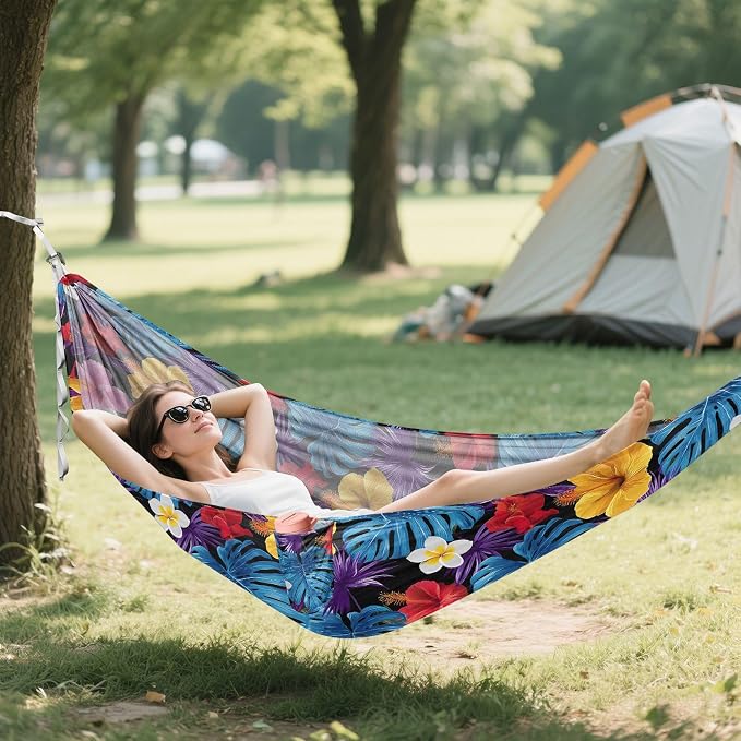 Camping Hammock Outdoor Hammocks for Outside Blue Leaf Hibiscus Flower Beach Trees Portable Lightweight with Pockets Tree Straps Indoor