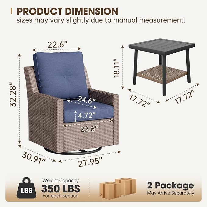 NestNook 3 Piece Patio Furniture Set, Outdoor Furniture Wicker Swivel Chairs Set of 2 with Side Table Rattan Patio Conversation Set for Balcony Deck Backyard and Poolside (Blue)