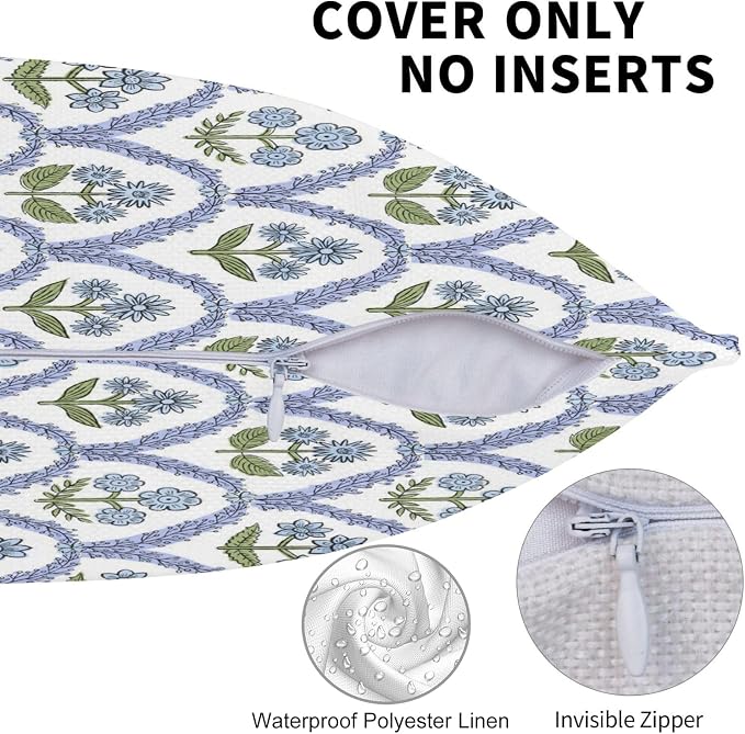 Spring Pillow Cover 20x20 Inch Set of 2, Blue Floral Block Print Outdoor Waterproof Cushion Covers, Spring Home Decor Vintage Throw Pillows for Patio Furniture