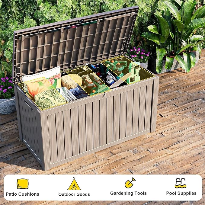 180Gallon Waterproof Outdoor Storage Box, UV Resistant Resin Deck Box with Hydraulic Rod for Reinforced Stability, Perfect for Patio, Garden, and Pool（Grey，180 Gallon）