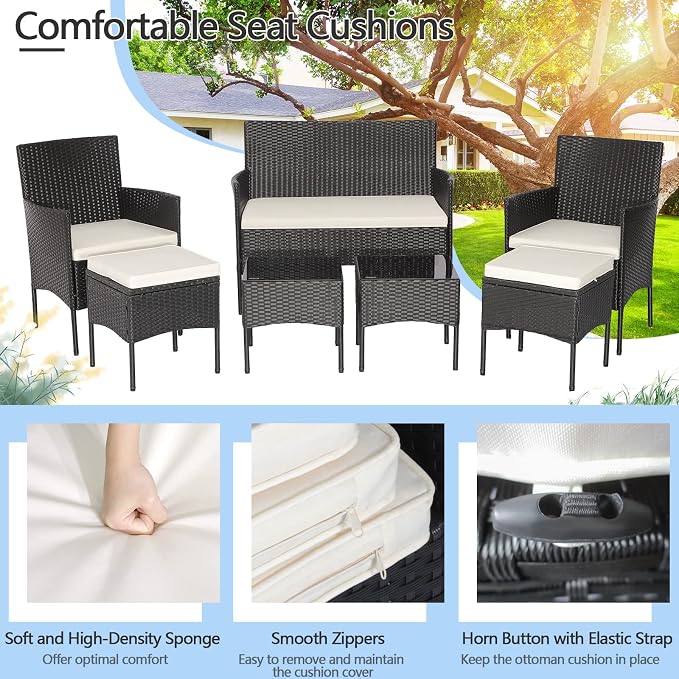 Tangkula 7 Piece Patio Rattan Sofa Set, Wicker Furniture Set with 2 Side Tables and 2 Ottomans, Solid Metal Frame, Soft Cushions, Outdoor Wicker Conversation Set for Front Porch, Poolside