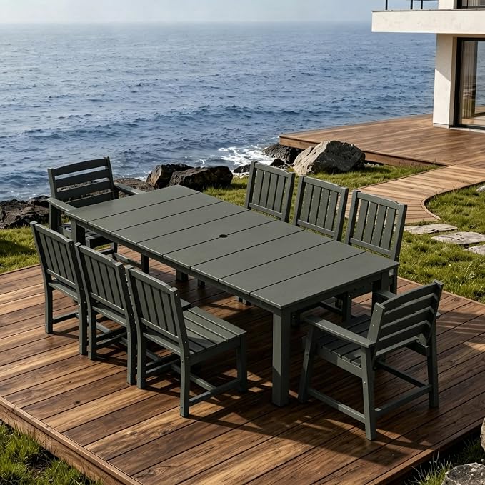 AreShark 9-Piece Outdoor Dining Set,HDPE Patio Table with 8 Chairs,All-Weather Patio Furniture Set with Umbrella Hole,Low Maintenance Wood Grain Dining Set for Backyard,Garden,Poolside,Gray
