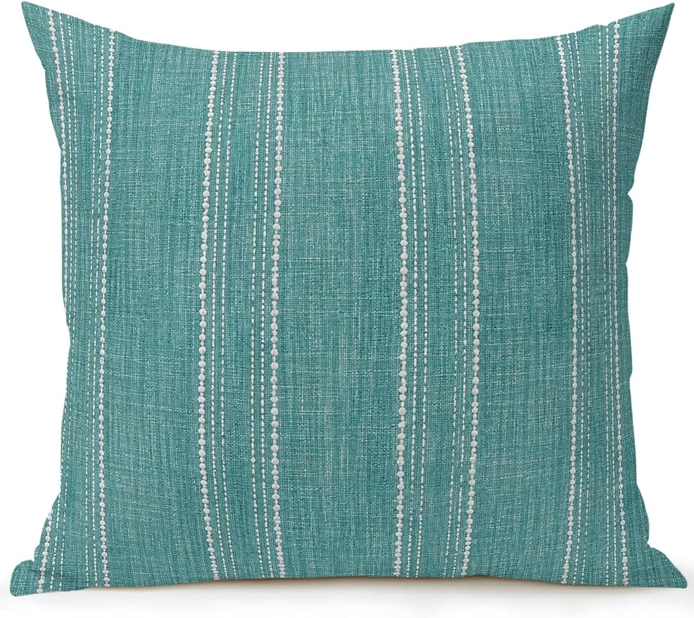 Waterproof Outdoor Pillow 1 Pack Teal Linen Stripes Decorative Throw Pillows Cover & Insert 18x18 Inch Pillowcase Parallel Vertical Lines Pillows for Couch Sofa Bed Patio Furniture Indoor Outdoor