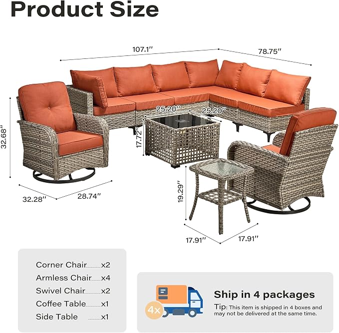 10 Pieces Outdoor Sectional Patio Furniture Set with Swivel Rocking Chairs, Wicker Conversation Sets Rattan L Shaped Couch, Modular Outdoor Sofa for Porch Balcony Backyard, Coarse Stripes Red