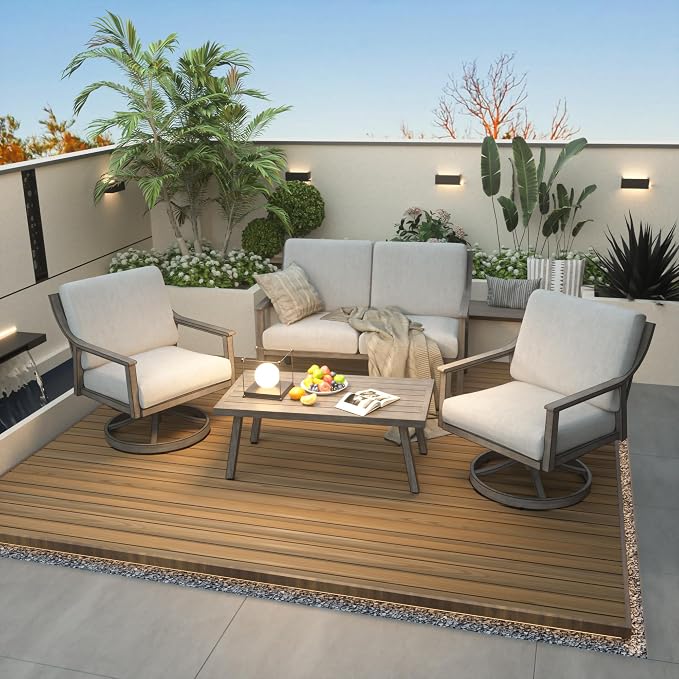 HAPPATIO 4-Piece Patio Furniture Set - Outdoor Aluminum Patio Conversation Set Includes 1 Loveseat, 2 Swivel Chairs, and 1 Coffee Table, Perfect for Porch, Deck, Garden, (Grey)