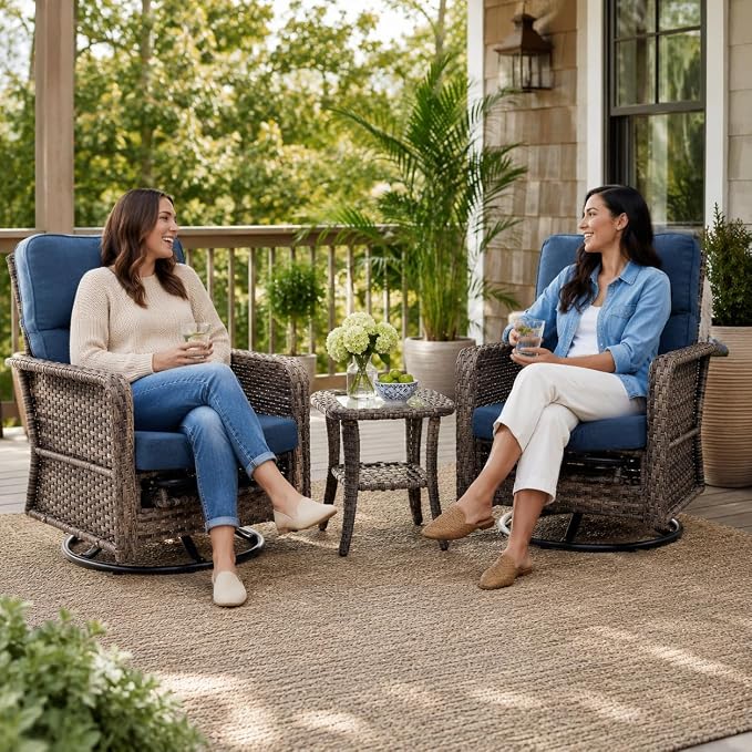 Yechen 3 Piece Outdoor Patio Wicker Chairs with Footrest and Adjustable Backrest, Furniture Set with 2 Swivel Chairs and Side Table, Thickened Seat Cushions for Porch Deck Backyard, Slate Blue