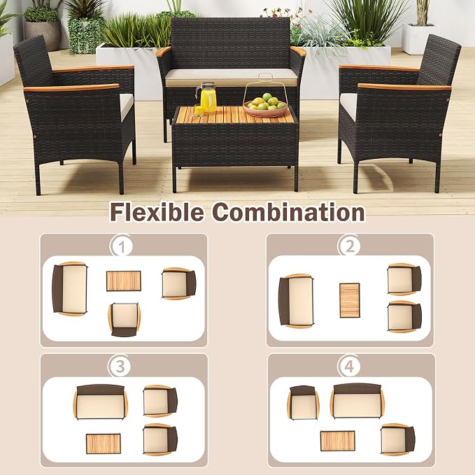 Tangkula 8 Pieces Patio Wicker Sofa Set, 2 Rattan Chairs & Loveseat w/Coffee Table, Acacia Wood Armrests & Tabletop, Outdoor Cushioned Conversation Set for Backyard, Poolside (Beige, 8 Pieces)