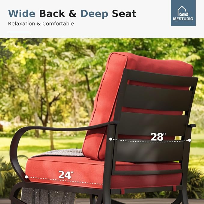 MFSTUDIO 4 Pieces Patio Conversation Set, 5 Seats Metal Patio Furniture Sets with 1 x 3-Seat Sofa, 2 Single Chairs,1 Coffee Table, All Weather Steel Patio Sets with 5.75inch Red Cushion for Garden