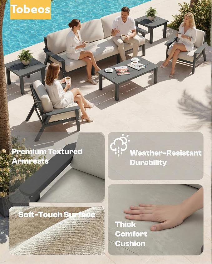2 Piece HDPE Outdoor Furniture Set with Beige Cushions (Gray Frame) | All-Weather HDPE, Modular Design, Extra-Deep Seating, Thick Cushions, Ideal for Backyard, Deck & Porch