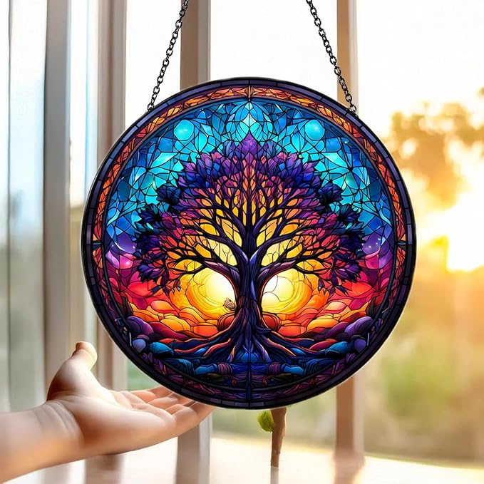 Tree of Life Suncatcher Stained Glass Window Hanging | 7.9 in, Catcher, Garden Decor