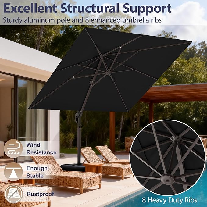 10' X 10' Patio Umbrella Cantilever Outdoor Rectangle Umbrella, Heavy Duty 360°Rotation Offset Umbrella for Garden Deck Pool Patio, Black