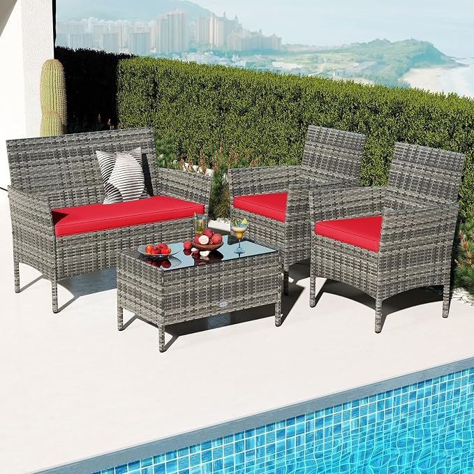 RELAX4LIFE 4-Piece Patio Furniture Set - Rattan Outdoor Conversation Bistro Set w/Cushions, Glass Coffee Table, Wicker Chairs & Loveseat for Garden Backyard Porch, Balcony Furniture (1, Mix Grey-Red)