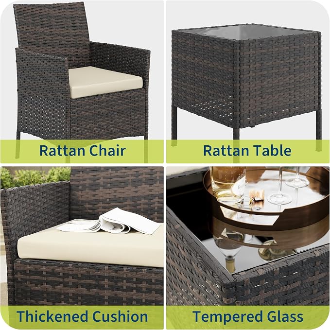 3-Piece Outdoor Furniture Set, PE Rattan Wicker Chairs with Soft Cushions & Tempered Glass Coffee Table - All-Weather Patio Set for Garden, Backyard, Porch, Poolside (Brown/Beige)