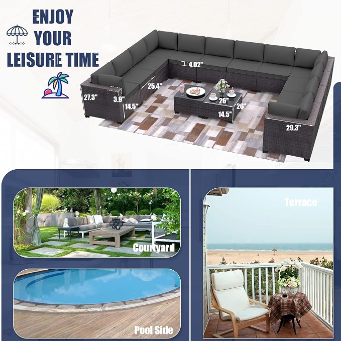 Kurapika 14 Pieces Patio Furniture Set, Rattan Wicker Outdoor Conversation Sets w/4 Inch Cushion and Glass Coffee Table(Grey)