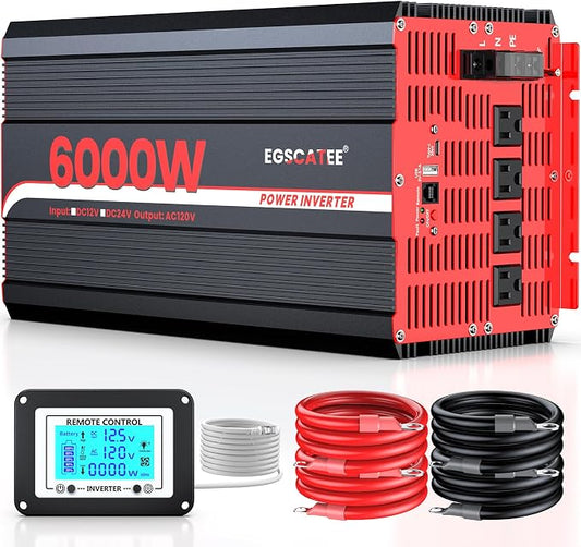 6000W Power Inverter 12V DC to 120V AC, 11000W Peak Off-Grid Solar Converter for 12V Battery Bank, RV, Truck & Home Backup Power System, 4 AC Outlets, USB & Type-C Port, LCD Remote Controller