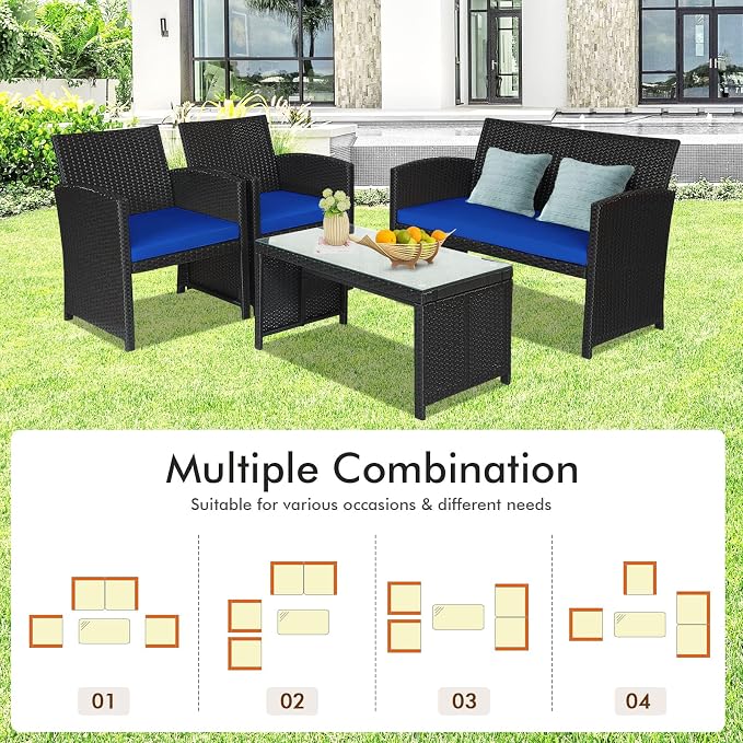 Goplus Rattan Patio Furniture Set 4 Pieces, Outdoor Wicker Conversation Sofa and Table Set with Soft Cushions & Tempered Glass Coffee Table for Balcony Garden Backyard (Blue)