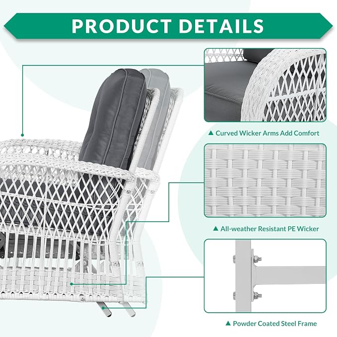 VIVIJASON 2-Piece Outdoor White Wicker Glider Rocking Chair, Patio Rattan Swing Glider Chairs with Cushions & Steel Frame, All-Weather Gliding Lawn Wicker Furniture for Garden Backyard Porch, Grey