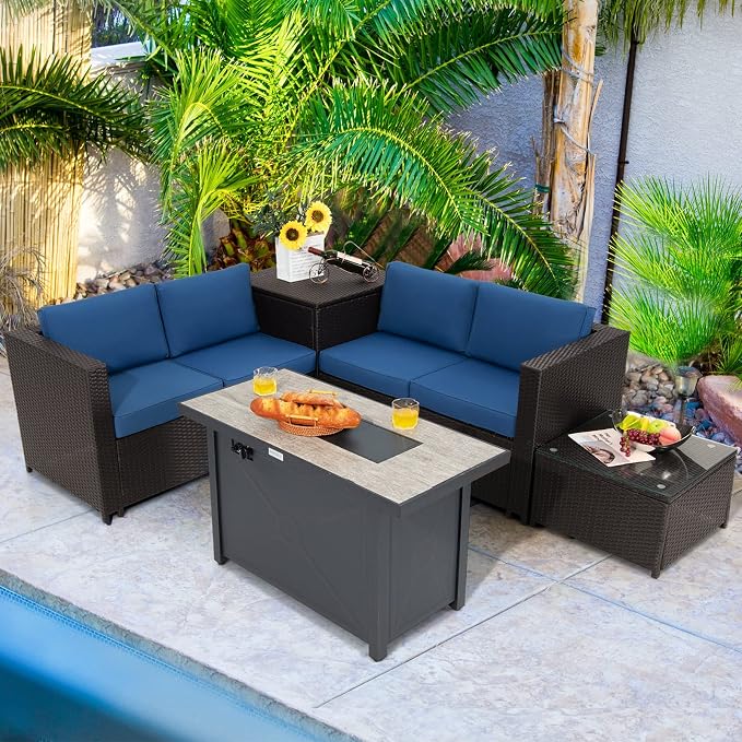 COSTWAY 5 Piece Patio Furniture Set with 42'' Fire Pit Table, Outdoor Wicker Rattan Loveseat Sofa with 4'' Thickened Cushions, 2 Side Tables, Sectional Conversation Set for Backyard (Navy)