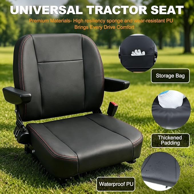 Universal Forklift Seat Replacement,Zero Turn Mower Tractor Seat with Micro Switch-Armrest & Safety Belt,Waterproof PU Leather Seat Fit for Ariens,Snapper,Lawn Mower,Skid Loader,Excavator