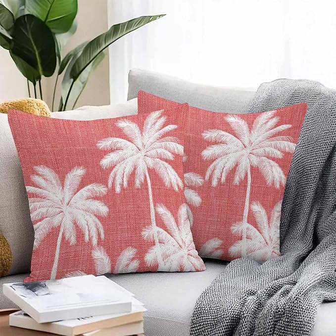 Outdoor Pillow Covers 24x24 Inch Set of 2, Coral Red Palm Trees Waterproof Throw Pillow Covers, Farmhouse Tropical Summer Beach Decorative Cushion Pillowcases for Couch, Sofa, Bed, Garden, Patio