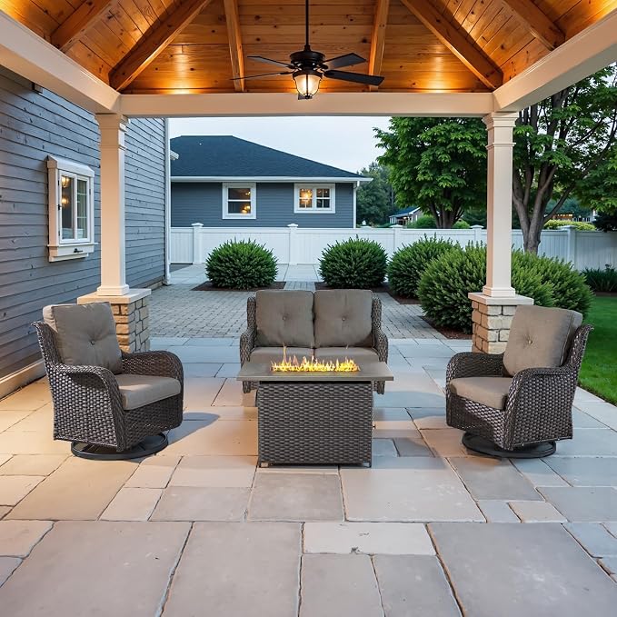 Belord 4 Piece Patio Wicker Furniture Set, Outdoor Swivel Rocker Chairs, All Weather Outdoor Patio Loveseat Set with Fire Pit Table for Deck Porch, Brown Wicker/Gray