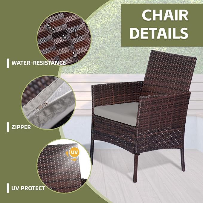 Patio Furniture Set 4 Pieces, Outdoor Rattan Furniture with Tempered Glass Coffee Table, Modern Rattan Patio Chairs Conversation Sets with Sofa for Garden, Terrace, Porch, Lawns Brown/Grey