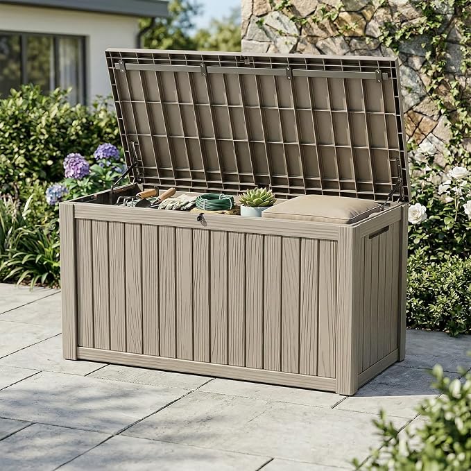 180 Gallon Outdoor Storage Box Waterproof, Resin Lockable Deck Box with Lid, Large Capacity Weatherproof Container for Patio Furniture, Side Table and Cushions(Grey, 180 Gallon)