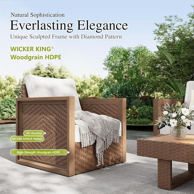 Sophia & William HDPE Patio Furniture Set，Modern Outdoor Sectional Sofa Set with 5.5" Cushions and 43.5" Wood Grain Coffee Table, Deep Seating Outdoor Conversation Set for Backyard(Beige, 5 Seats)