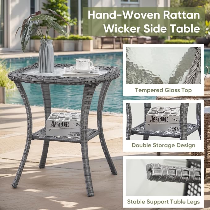 Outdoor Swivel Rocker Patio Chairs with Side Table 3 Pieces PE Wicker Patio Furniture Set for Porch Deck Balcony Garden-Grey/Blue