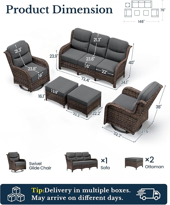 HILLGA Luxury High Back Patio Furniture Set with 6-Inch Thick Cushion, 5-Piece Outdoor Conversation Set with Sofa, Swivel Rocker Chairs & Ottomans, Ideal for Porch Pool Deck Yard (Dark Grey)