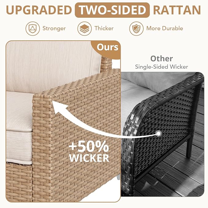 4-Piece Outdoor Patio Furniture Set Beige All-Weather Rattan Outdoor Couch with Coffee Table Outdoor Patio Sofa Seating with Cushions for Garden, Poolside, Porch