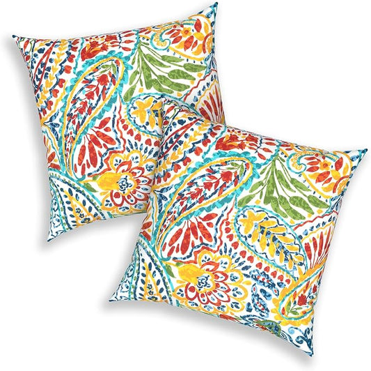 20x20 Inch Pack of 2 Patio Throw Pillow Covers ONLY, Water Repellent Cushion Cases, Square Pillowcases for Outdoor Couch Decoration, Paisley Multi
