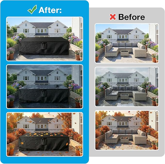 KANAGAWA Rectangular Patio Furniture Covers,108"(L) x 82"(W) x 28"(H) Heavy Duty Table and Chairs Cover,Anti-Fading Outdoor Waterproof 420D Furniture Cover with UV Resistant,Black