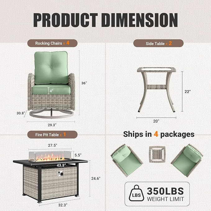 7Pcs Patio Rocking Swivel Chair with 55,000 BTU Fire Pit Table Outdoor Wicker Rattan Bistro Set with Tempered Glass Side Table, Outdoor Patio Furniture Set for Garden and Balcony, Light Green