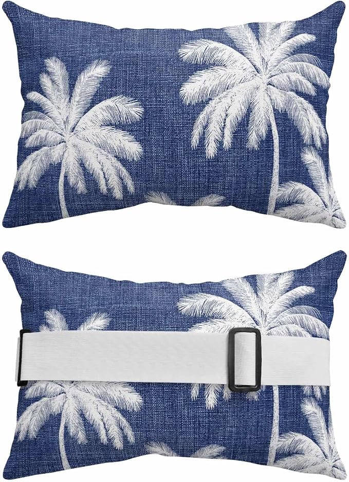 Pack of 4 Outdoor Lumbar Pillow Covers 12x20 Inch, Indigo Blue Palm Trees Waterproof Throw Pillow Covers Set, Farmhouse Tropical Summer Beach Decorative Cushion Cases for Patio Porch Car