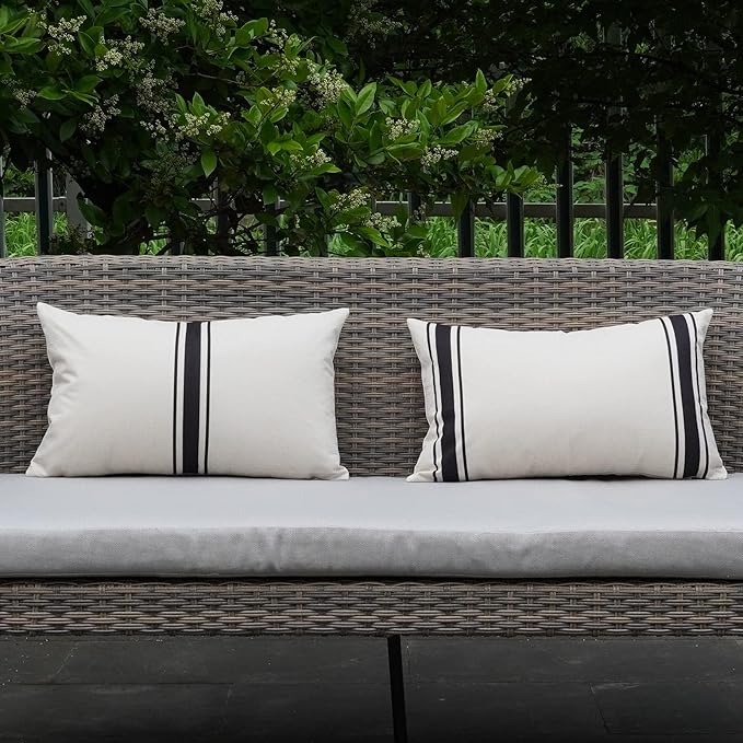 ONWAY Outdoor Pillow Covers Waterproof 12X20 Set of 2 Lumbar Throw Pillow Cover Beige and Black Striped Outdoor Pillows for Patio Furniture