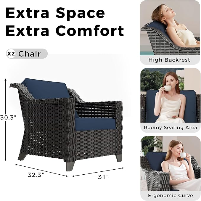 Patio 2 Pieces Wicker Chairs Set of 2，Outdoor PE Rattan Armchairs, Water-Resistant Cushions with Removable and Washable Covers, Porch, Balcony, Sunroom (Navy Blue)