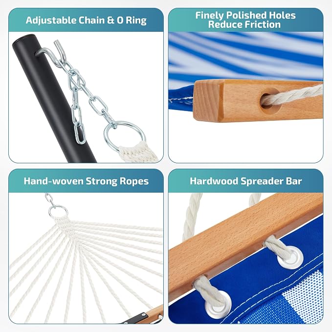 Homgava Two Person Hammock with Stand for Outside Heavy Duty, Outdoor Patio Hammock with Portable Steel Stand, Large Double Hammocks with Quick Dry Textilene Fabric,480lbs Capacity.(Blue White)