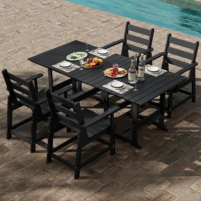 GREENVINES 5-Piece-Outdoor-Table-and-Chairs | HDPE | Patio Furniture | Slatted Dining Sets for 4 | Removable Armrests | Connectable Tables | All Weather | for Backyard Poolside Garden | Black