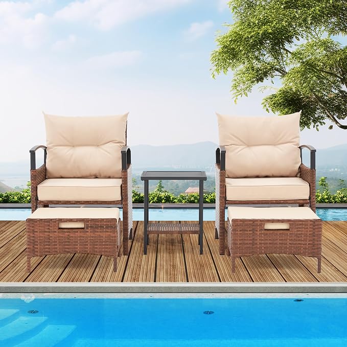 ECOTOUGE 5 Pieces Patio Furniture Set, Outdoor Wicker Chairs with Pull Out Ottoman & Metal Coffee Table, Rattan Conversation Set for Garden, Deck, Balcony, Poolside(Beige)