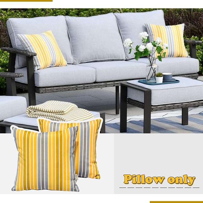 ovios Patio Throw Pillows Outdoor Lumbar Decorative Boho Floral Printed Geometric Multicolored Pillow for Sofa Couch Chair Outside, Set of 2 (17 x 17 Inch, Yellow Stripe)
