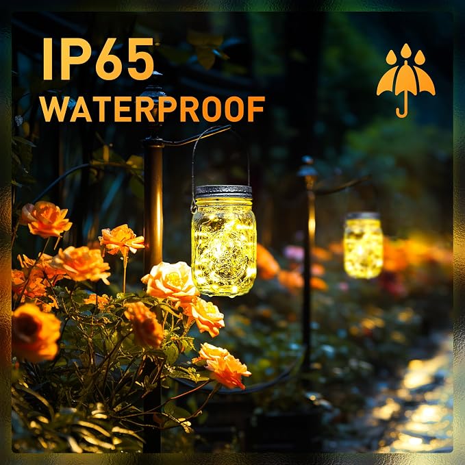 GIGALUMI Hanging Mason Jar Solar Lights, 6 Pack 30 Led Tinplate Lids | Hanging Solar Lanterns Outdoor Waterproof, Hangers and Jars Included, Outdoor Decor for Balcony, Garden, Patio, Yard, Wedding