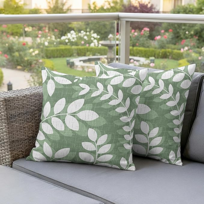 Green Leaves Outdoor Waterproof Throw Pillow Covers 16x16 Set of 2, Farmhouse Botanical Branch Vintage Boho Leaf Decorative Pillowcases Cushion Pillowcase for Couch Sofa Patio Outside Pillow Protector