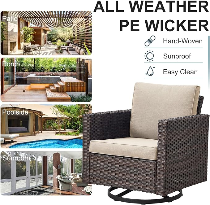 Belord 5 Pieces Wicker Patio Furniture Set: 4 Outdoor Swivel Glider Rocker Patio Conversation Set with 50000BTU Propane Fire Pit Table, All Weather Grey Rattan Anti-Rust Frame, Beige Cushion