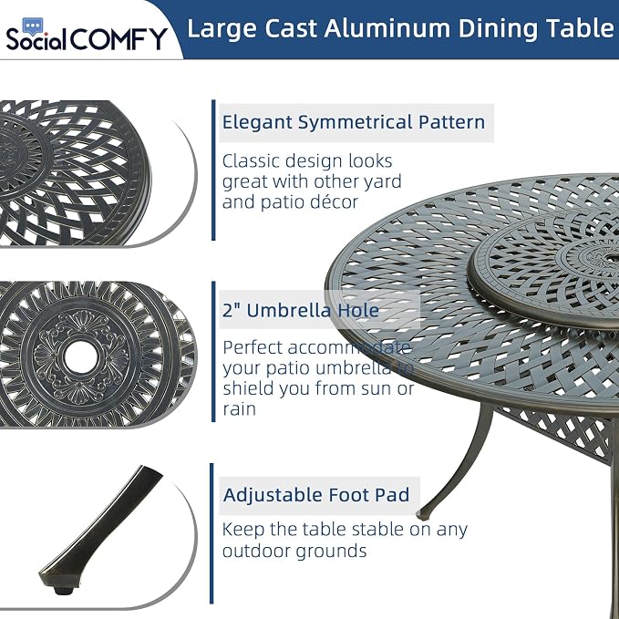 9-Piece Patio Cast Aluminum Dining Set, 8 Person Outdoor Dining Furniture Set, Includes 8 Swivel Dining Chairs and 61" Large Round Dining Table w/ 31" Lazy Susan, Umbrella Hole, Navy Blue